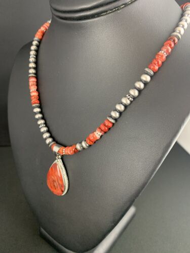 Red Spiny Oyster Pendant | Sterling Silver Navajo Pearls Necklace | Authentic Native American Handmade | 4960