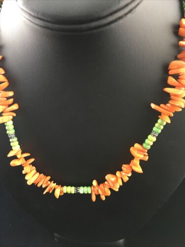 Navajo Orange Coral Turquoise Necklace | Sterling Silver | 18" | Authentic Native American Handmade | 10055