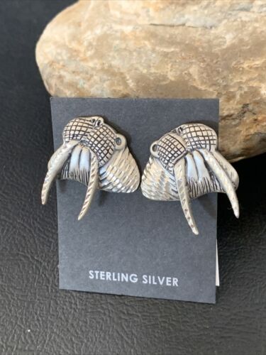 Native American Old Pawn Walrus Sterling Silver Diamond Cut Stud Earrings | 1" | 12993