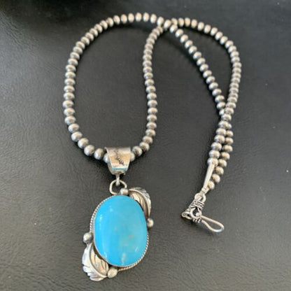 Women's Sterling Silver Blue Kingman Turquoise Necklace Pendant | Authentic Native American Handmade | 10898