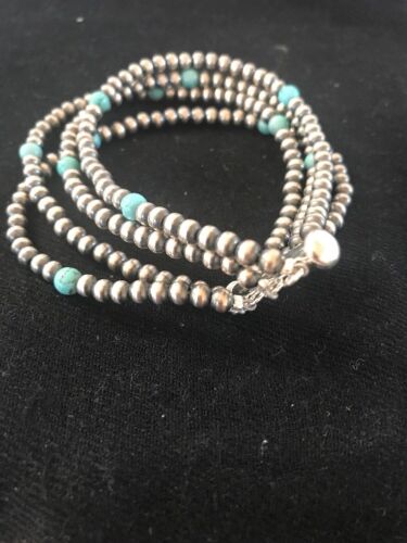 Navajo Pearls  Blue Turquoise Bracelet | 4-Strand | Sterling Silver | Authentic Native American - Masha USA