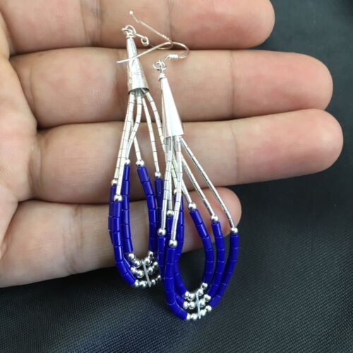 Native American Handmade Sterling Silver Heishi Dangle Earrings | Blue Lapis | 2" | 1965