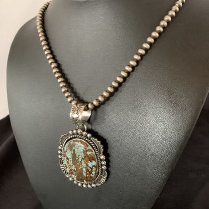Navajo Pearls Sterling Silver Necklace with Blue Turquoise #8 Pendant | Authentic Native American Handmade | 11297