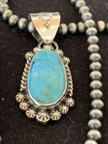 Men's Navajo Pearls Necklace with Blue Kingman Turquoise Pendant | Sterling Silver | Authentic Native American Handmade | 839