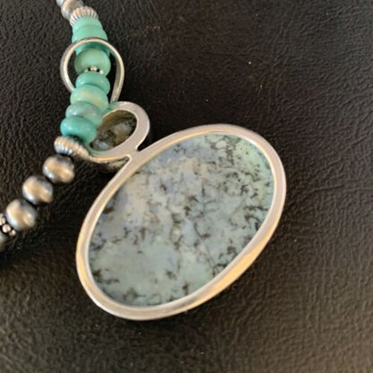 Navajo Pearls Sterling Silver Necklace | Blue Spiderweb Turquoise Pendant | Multi-Stone | 13921