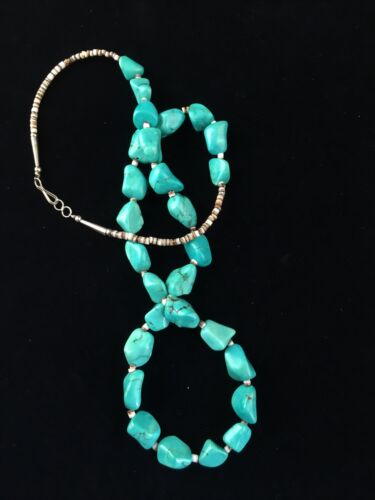 Navajo Blue Nugget Turquoise Heishi Necklace | Sterling Silver | 22" | Authentic Native American Handmade | 10064