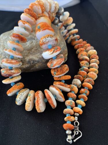 Authentic Navajo Orange Spiny Oyster & Turquoise Necklace | Sterling Silver | 28" | Native American Jewelry
