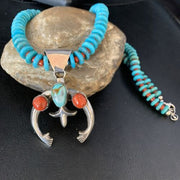 Navajo Sterling Silver Necklace | Blue Turquoise & Coral Naja Pendant | Authentic Native American Handmade | 13748