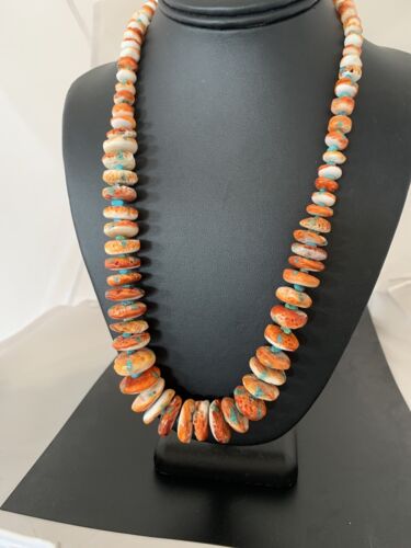 Authentic Navajo Orange Spiny Oyster & Turquoise Necklace | Sterling Silver | 22" | 194