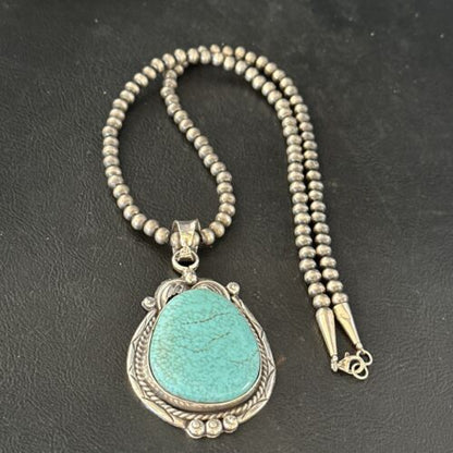Navajo Blue Turquoise #8 Pendant Necklace | Sterling Silver | Authentic Native American Handmade | 14311