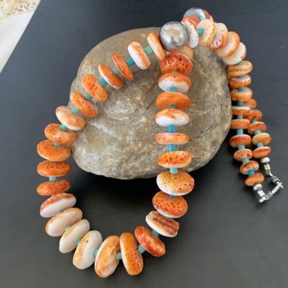 Navajo Orange Spiny Oyster & Turquoise Necklace | Sterling Silver | Authentic Native American | Graduated | 22" | 11387