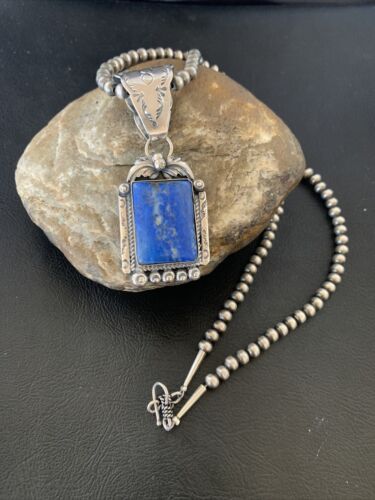 Navajo Denim Lapis Necklace with Pendant | Sterling Silver Pearls | Authentic Native American Handmade | 12440