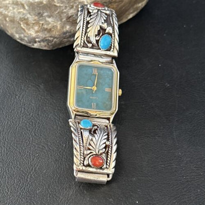 Authentic Navajo Men's Watch Tips Band | Turquoise Coral Feather | Sterling Silver | Native American Jewelry | 14312