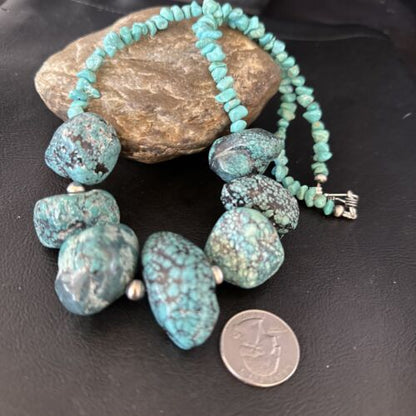 Navajo Chunky Blue Turquoise Nugget Necklace | Sterling Silver | Authentic Native American Handmade | 20" | 14417