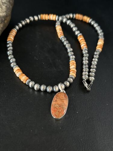 Navajo Orange Spiny Oyster Pendant Necklace | Sterling Silver Naja | Authentic Native American Handmade | 14301