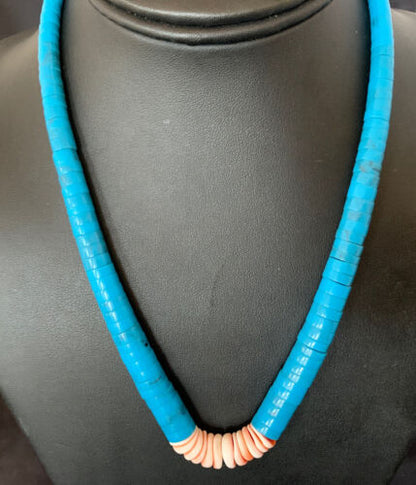 Southwestern Santo Domingo Spiny Oyster & Blue Turquoise Graduated Necklace | Authentic Native American | 19" | 12526