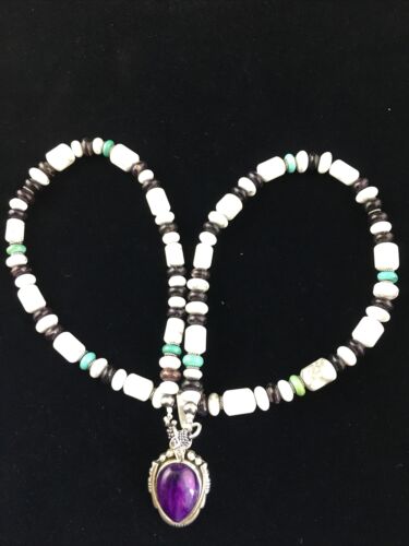 Navajo Purple Sugilite Turquoise Bead Necklace | Sterling Silver | 22" | Authentic Native American Handmade | 10035