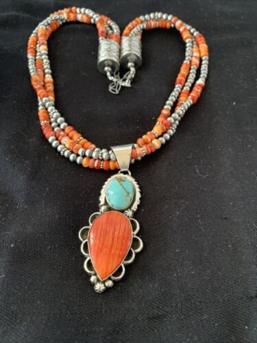 Navajo Pearl Necklace with Turquoise & Spiny Oyster Pendant | Sterling Silver | Multi-Strand | 1677