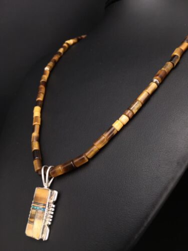 Authentic Native American Tigers Eye Inlay Pendant | Navajo Sterling Silver Necklace | 21" | 4895