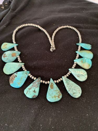 Authentic Native American Navajo Pearls Necklace | Sterling Silver & Blue Turquoise | 1451