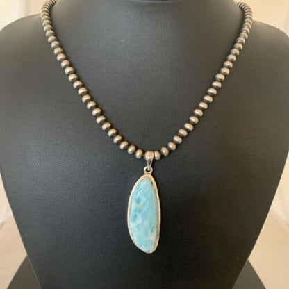 Navajo Blue Larimar Pendant Bead Necklace | Sterling Silver | Authentic Native American Handmade | 1761