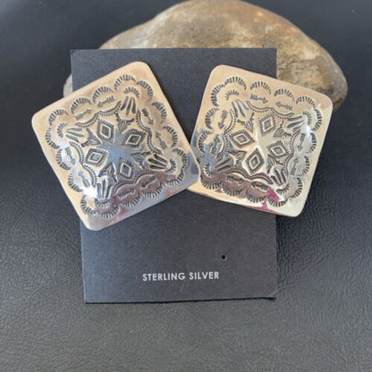Southwestern Women's Navajo Earrings | Sterling Silver Stamped | Authentic Native American Handmade | 1676