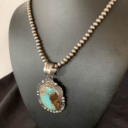 Navajo Pearls Necklace with Blue Turquoise #8 Pendant | Sterling Silver | Authentic Native American Handmade | 11312