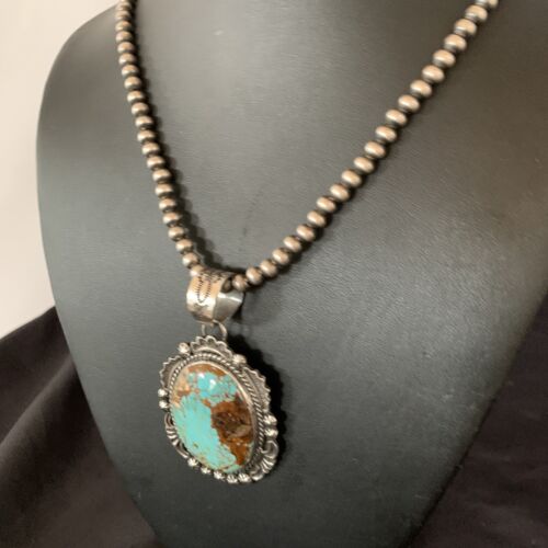 Navajo Pearls Necklace with Blue Turquoise #8 Pendant | Sterling Silver | Authentic Native American Handmade | 11312
