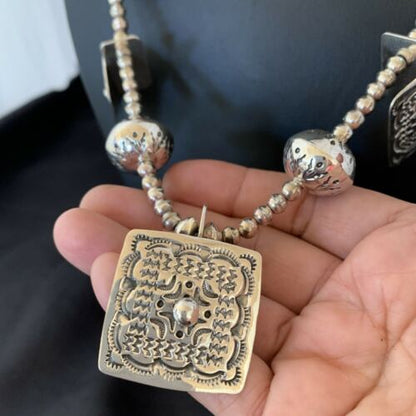 Navajo Square Blue Naja Necklace Set | Authentic Native American Sterling Silver | Handmade Stamped | 10767