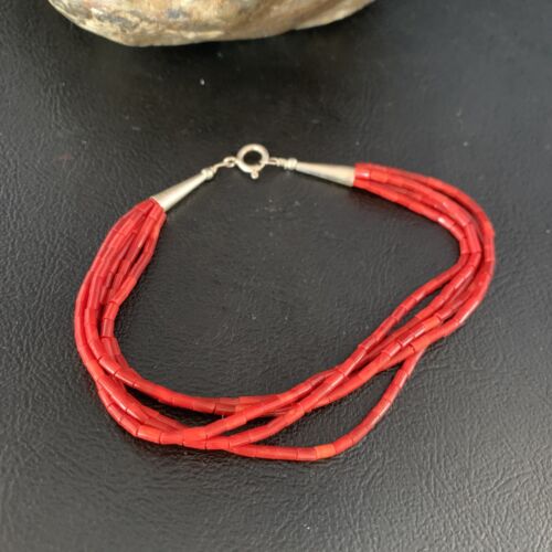 Handmade Liquid Silver 5-Strand Red Apple Coral Heishi Bracelet | Sterling Silver | 7.5" | 13610