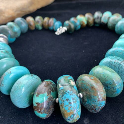 Navajo Pearl Sterling Silver Necklace | Graduated Blue Chunky Turquoise | Authentic Native American | 24" | 01743