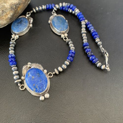 Navajo Pearls Necklace with 3 Stone Blue Denim Lapis Pendant | Sterling Silver | Native American Handmade | 10822