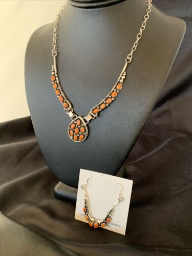Navajo Red Spiny Oyster Necklace & Earrings Set | Sterling Silver | Native American Handmade | 2111