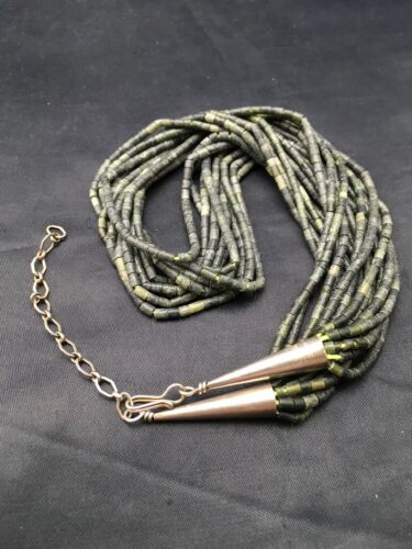 Southwestern Green Agate Heishi 10 Strand Necklace | Sterling Silver | 16" | 4351