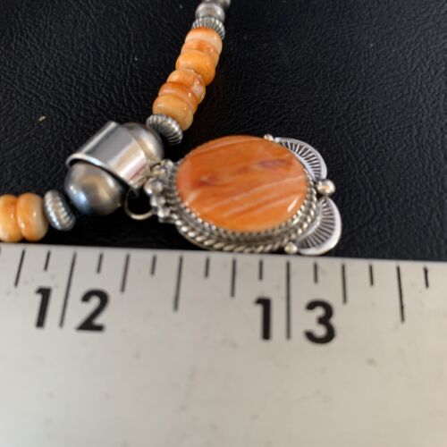 Navajo Orange Spiny Oyster Pendant Necklace | Sterling Silver | Authentic Native American Handmade | N 13650