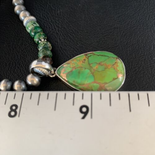 Navajo Pearls Green Mojave Turquoise Pendant Necklace | Sterling Silver | Native American Handmade | 13460
