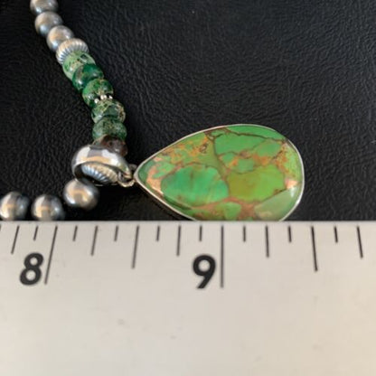 Navajo Pearls Green Mojave Turquoise Pendant Necklace | Sterling Silver | Native American Handmade | 13460