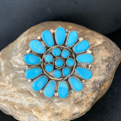 Navajo Blue Kingman Turquoise Cluster Ring | Authentic Native American Sterling Silver | Multi-Stone | Sz 9 | 13715