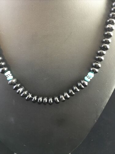 Navajo Black Onyx Turquoise Necklace | Sterling Silver | 18" | Authentic Native American Handmade | 10022