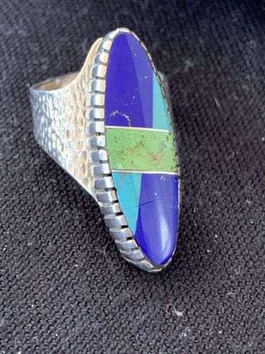 Navajo Multi-Color Lapis & Turquoise Inlay Ring | Sterling Silver | Sz 7 | Authentic Native American Handmade | 1577