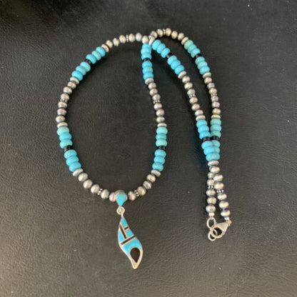 Navajo Blue Turquoise Onyx Inlay Pendant Necklace | Sterling Silver | Authentic Native American Handmade | 13846