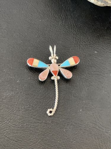 Zuni Turquoise Pink Mother of Pearl Inlay Dragonfly Necklace Pin Pendant | Sterling Silver | 12325