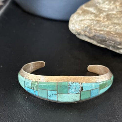 Native American Men's Blue Green Turquoise Inlay Bracelet | Sterling Silver | 14529