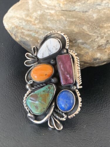 Navajo White Buffalo Spiny Oyster Lapis Multi-Stone Ring | Authentic Native American Sterling Silver | Sz 10.5 | 11568