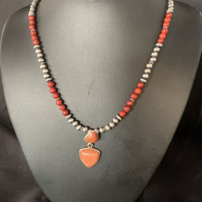 Navajo Red Apple Coral and Multi-Stone Bead Necklace | Sterling Silver | Authentic Native American Handmade | 13414