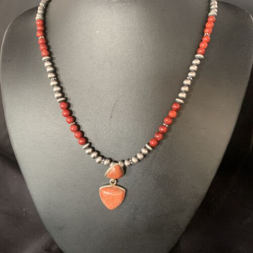 Navajo Red Apple Coral & Multi-Stone Bead Necklace | Sterling Silver | Authentic Native American Handmade | 13413