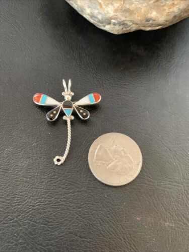 Zuni Turquoise Mother of Pearl Inlay Dragonfly Necklace Pin Pendant | Sterling Silver | 12327