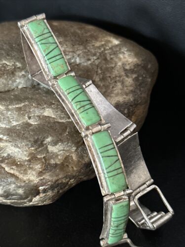 Native American Women's Green Gaspeite Inlay Link Bracelet | Sterling Silver | 7.5" | 14270