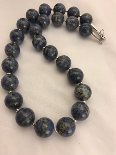 Authentic Native American Handmade | Navajo Sterling Silver Denim Lapis Bead Necklace | 20" | 16mm
