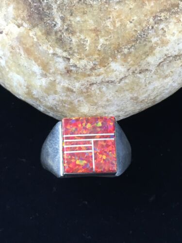 Native American Navajo Red Opal Inlay Ring | Sterling Silver | Sz 9.75 | 10106